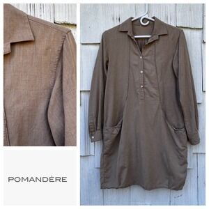 POMANDERE Women Tan Linen Blend Button Front Long Sleeve Tunic Dress 42/M  Italy